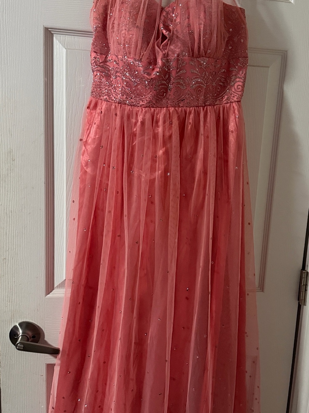 Blondie Nites Coral-Pink Halter Tulle Evening Gown